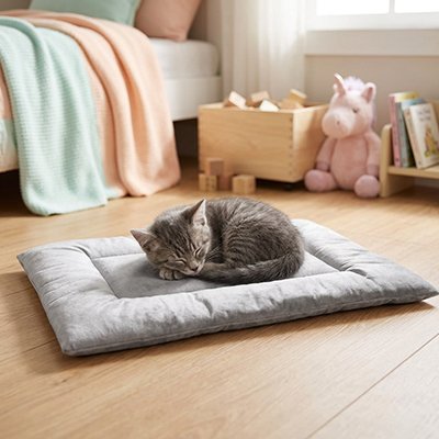 Chaton tigré gris endormi en boule au centre d'un tapis chat rectangulaire