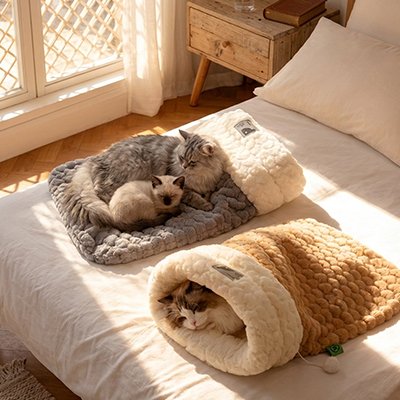 Chats et chaton se reposant dans lit chaton douillet en forme de sacs de couchage 