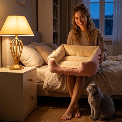Coussin à chat rose présenté par une femme