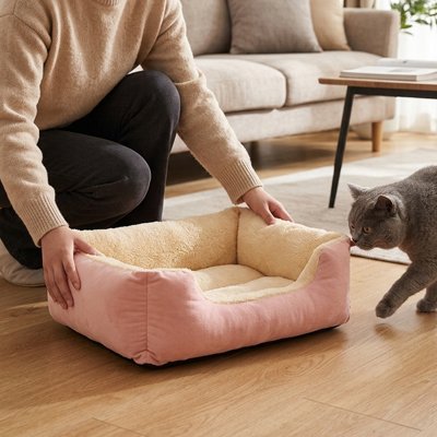 Coussin à chat rose sur plancher en bois