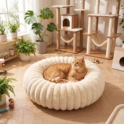 Coussin chat de couleur beige sur plancher en bois