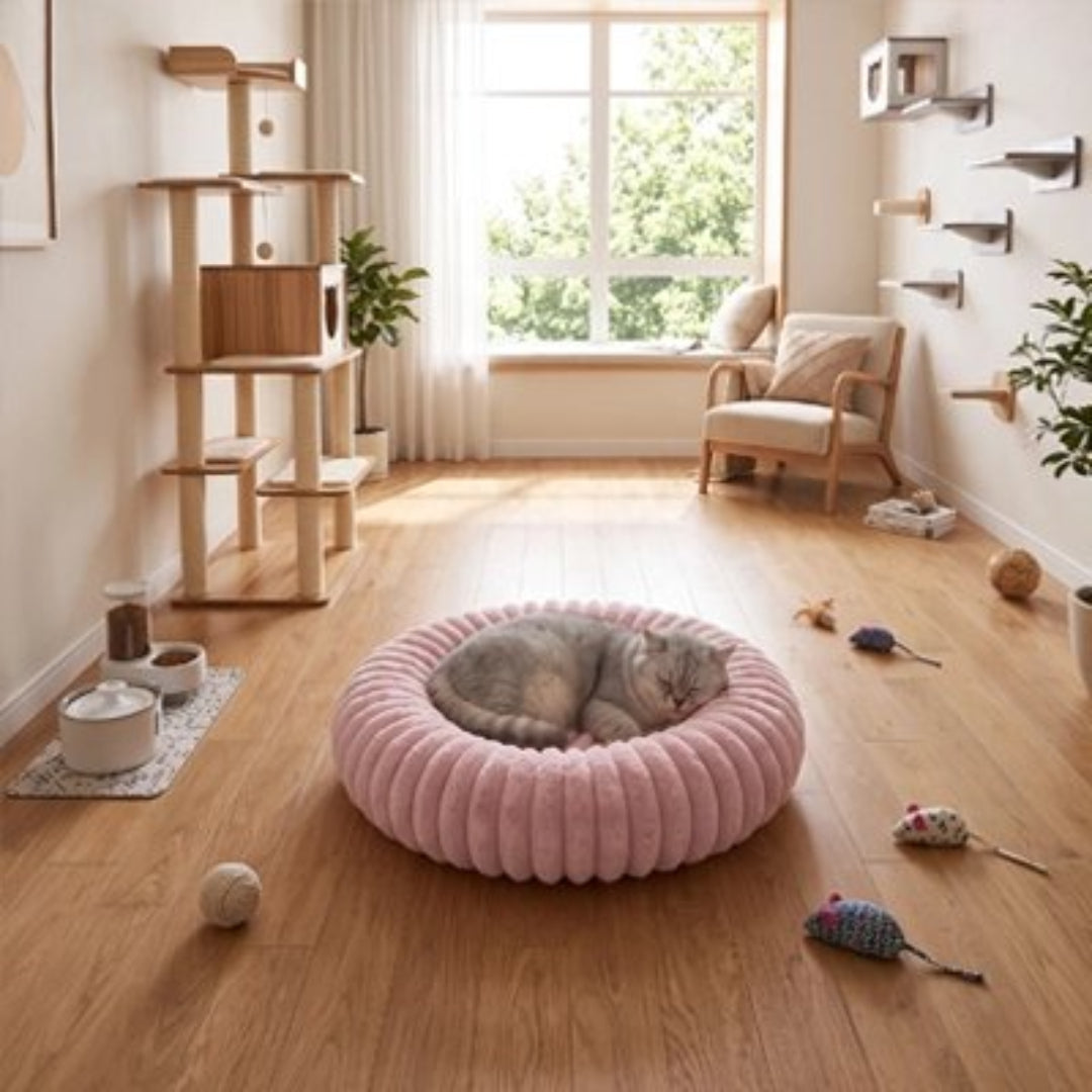 Coussin chat mauve avec un chat à l'intérieur