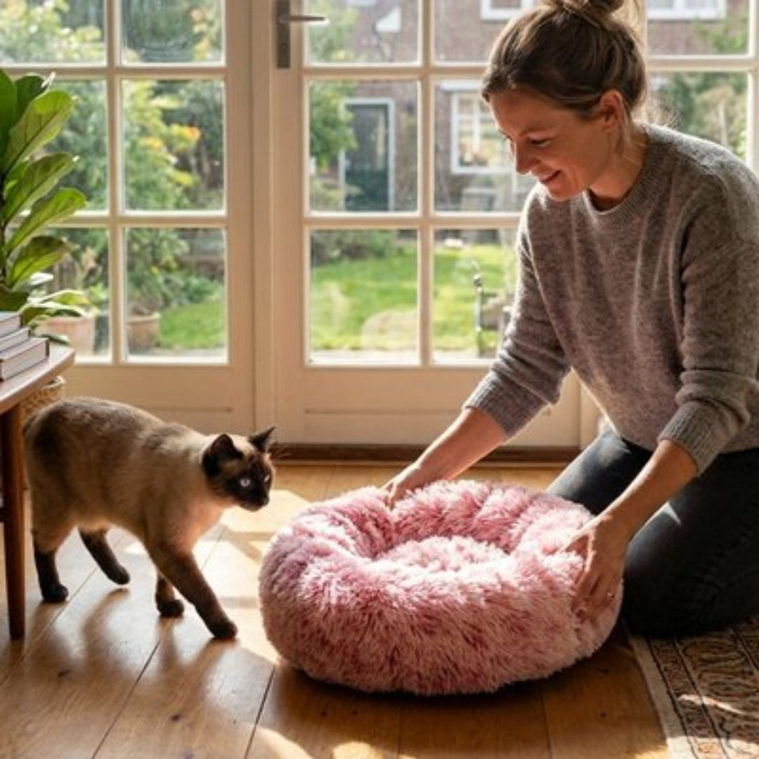 Coussin pour Chat de couleur rose sur plancher