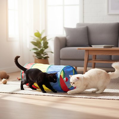 deux chants jouent devant un chat tunnel 