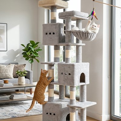deux chats amusent bien sur arbre à chat gris clair