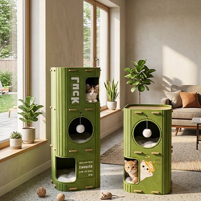 Deux chats installés dans niche pour chat vert de hauteurs différentes dans un salon lumineux.