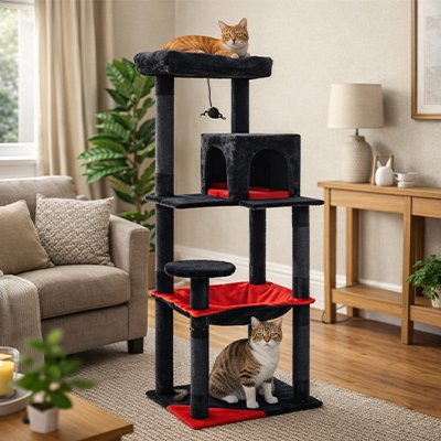 Deux chats se reposent  sur arbre à chat 