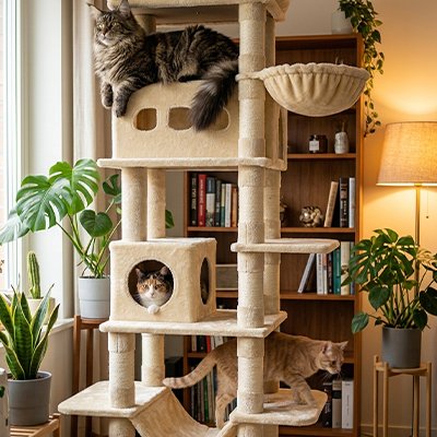 Deux chats sont bien installés sur arbre à chat 