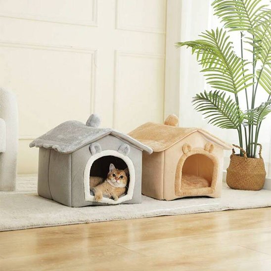Deux niche pour chat en peluche, une grise avec un chat roux installé à l'intérieur et une beige vide, posées à côté d'une plante verte