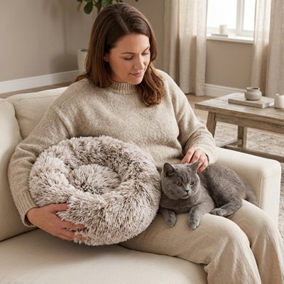 Femme assise sur un canapé, tenant un coussin pour chat en peluche tout en caressant son chat
