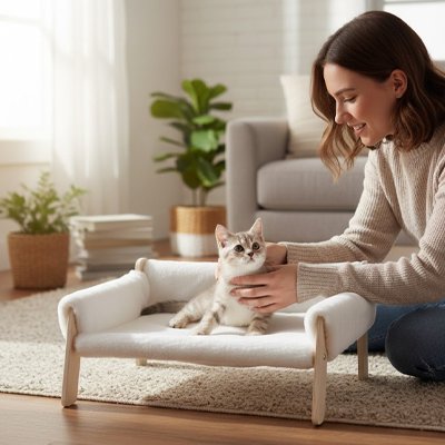 Femme caressant un chaton sur un lit pour chat blanc dans un salon moderne