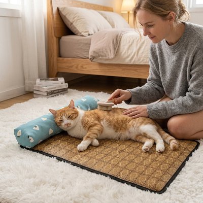 Une femme caresse un chat allongé sur un tapis rafraichissant chat par une brosse