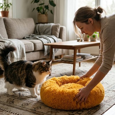 Femme  est penchée vers l'avant posant un coussin chat pour son chat