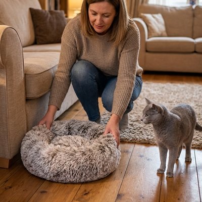 Femme installant un coussin pour chat douillet dans un salon chaleureux