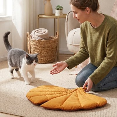 Femme installant un tapis chat design en forme de feuille jaune.