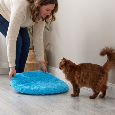 Femme montre un tapis pour chat a son compagnon