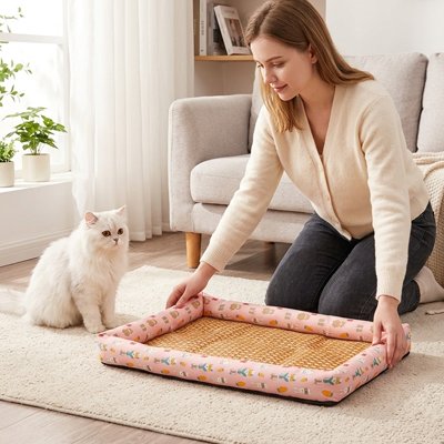 Une jeune femme pose au sol un tapis rafraichissant chat devant son chat blanc