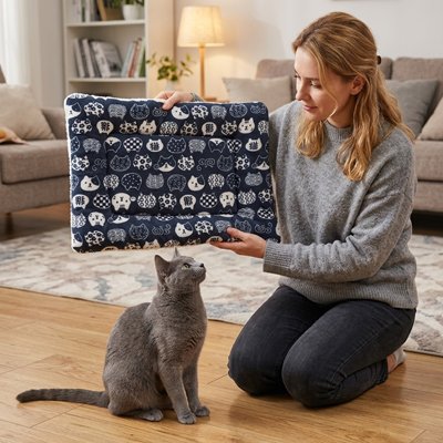 Femme présentant un tapis chat à motifs japonais devant son chat gris