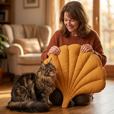 Femme présentant un tapis chat matelassé jaune en forme de feuille à son chat Maine Coon