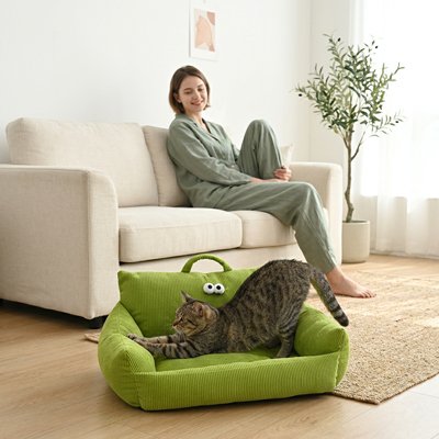 Femme regarde un chat tigré s'étirer dans un panier chat vert en forme de canapé
