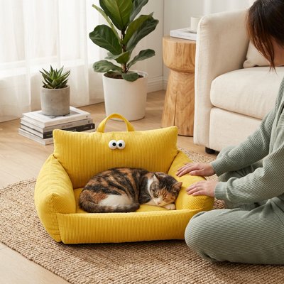 Femme regarde son chat endormi dans un panier chat jaune en forme de canapé