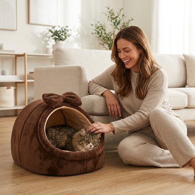 Femme souriante caressant son chat tigré installé dans une niche pour chat marron en peluche avec un nœud papillon.