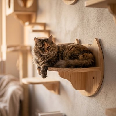 Grand chat à poils longs allongé sur un arbre chat mural en bois en forme de tête de chat