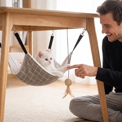 Hamac à chat fixé au dessous d'une table