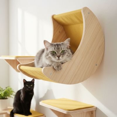 hamac chat avec un chat gris allongé et un second chat noir à proximité