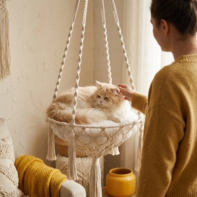 une femme caresse doucement la tête d'un chat à poil long couché en rond sur un hamac chat blanc 