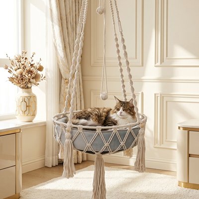 Un grand chat à poil long, blanc et brun tigré, est confortablement allongé dans un hamac chat suspendu en macramé écru