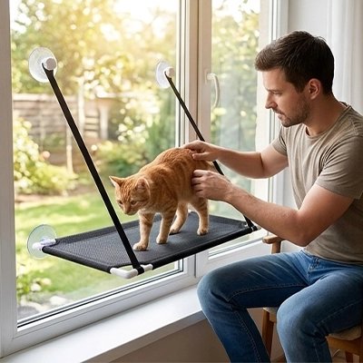 Hamac pour chat fenetre de couleur noire avec chat au dessus