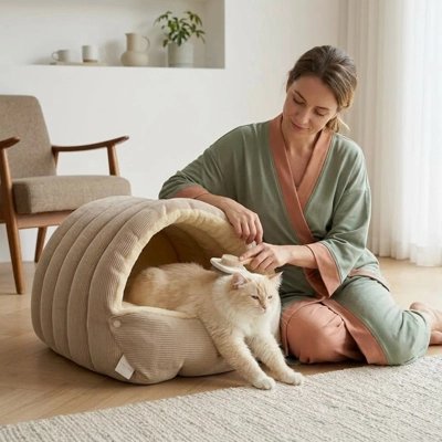Lit chat sur un plancher en bois dans un salon