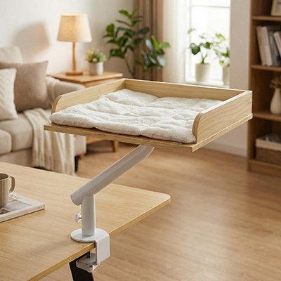 Lit en hauteur pour chat avec bras pivotant et fixation sur un bureau