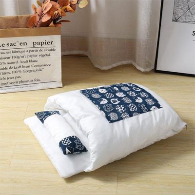  Lit pour chat blanc et bleu avec motif de chats et oreiller intégré