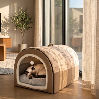 Maison à chat dans un salon lumineux