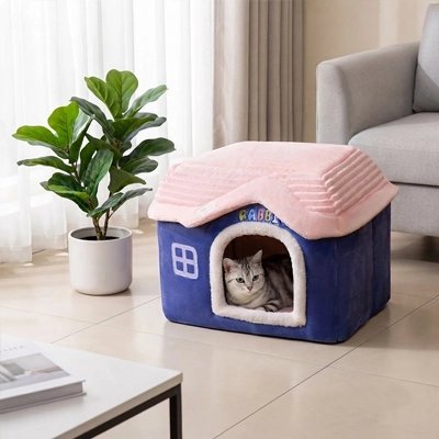 Maison à chat de couleur bleue dans un salon