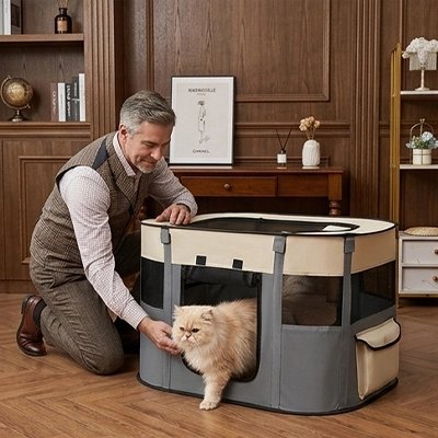 Maison à chat grise sur plancher en bois