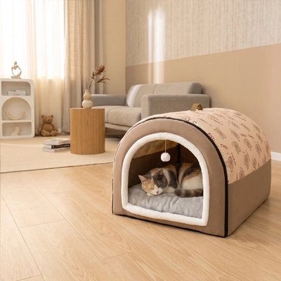 Maison à chat posé sur plancher en bois