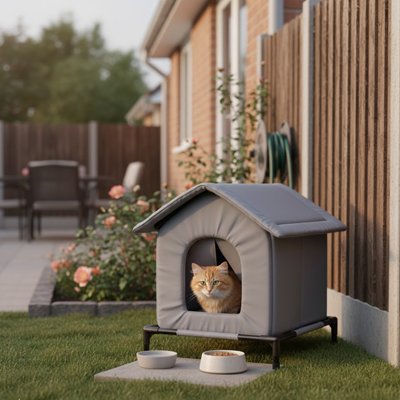 Un chat dans une maison exterieur pour chat 