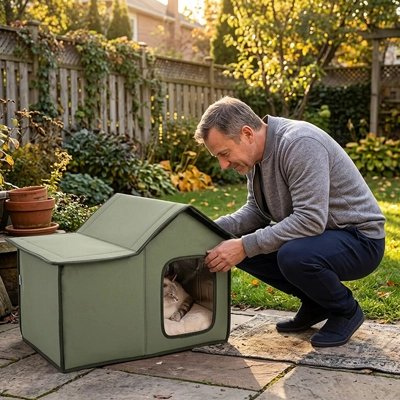 Un homme dans un jardin ensoleillé, regardant avec un sourire bienveillant à l'intérieur d'une maison exterieur pour chat de couleur vert 