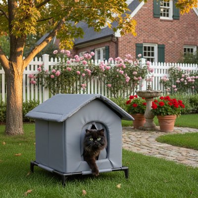 Chat noir dans une maison exterieur pour chat 
