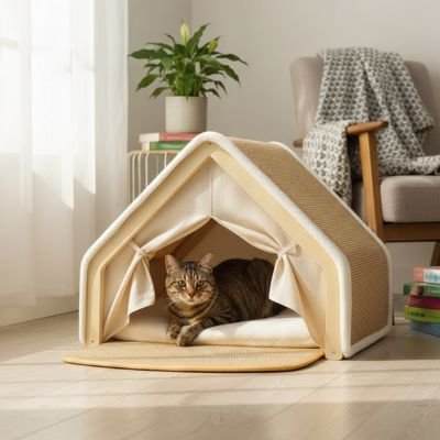 Un chat tigré apaisé dans une maison pour chat