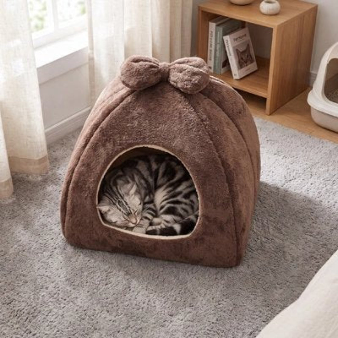 Maison pour chat de couleur marron sur un tapis
