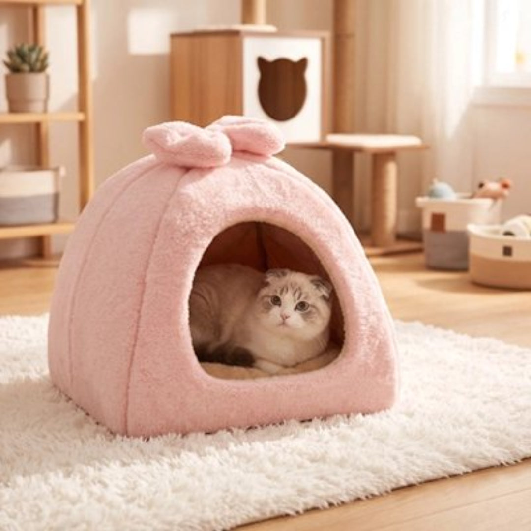 Maison pour chat de couleur rose avec chat dedans