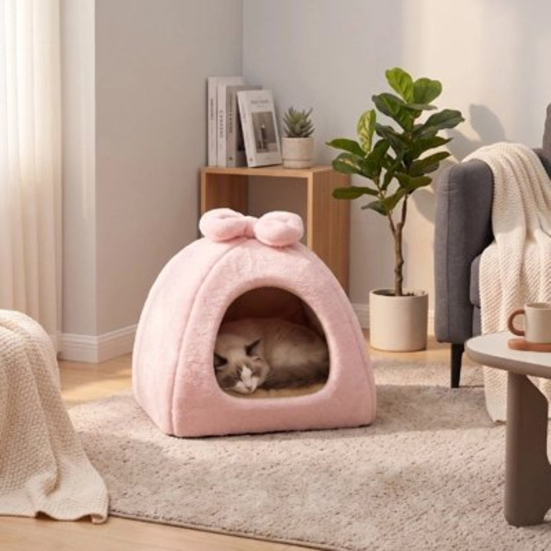Maison pour chat de couleur rose sur un tapis