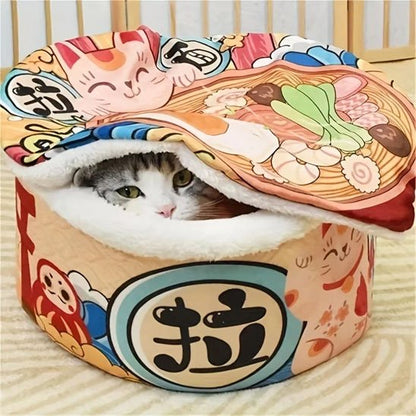 Chat caché dans une maison pour chat original en forme de bol de ramen japonais
