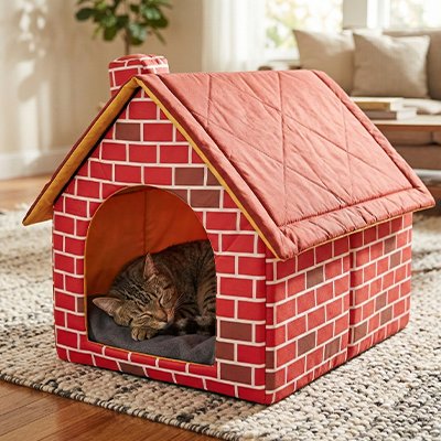 Chat tigré endormi paisiblement dans une maison pour chat 