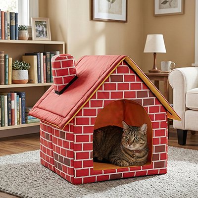 Chat tigré repose paisiblement dans une maison pour chat 