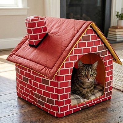 Chat regarde depuis l'intérieur d'une maison pour chat en forme de maison traditionnelle